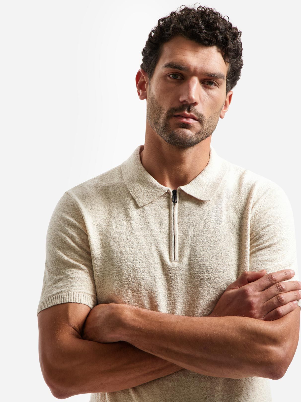 No Excess Half Zip Polo Shirt Ecru Model / Voorkant