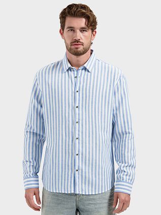 No Excess Shirt Cotton Linen Stripes Blue