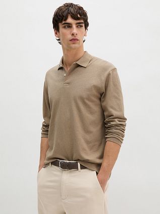 Marc O'Polo Langarm-Polo Baumwolle Leinen Taupe