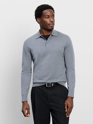 Olymp Langærmet Poloshirt i Uld, Grå