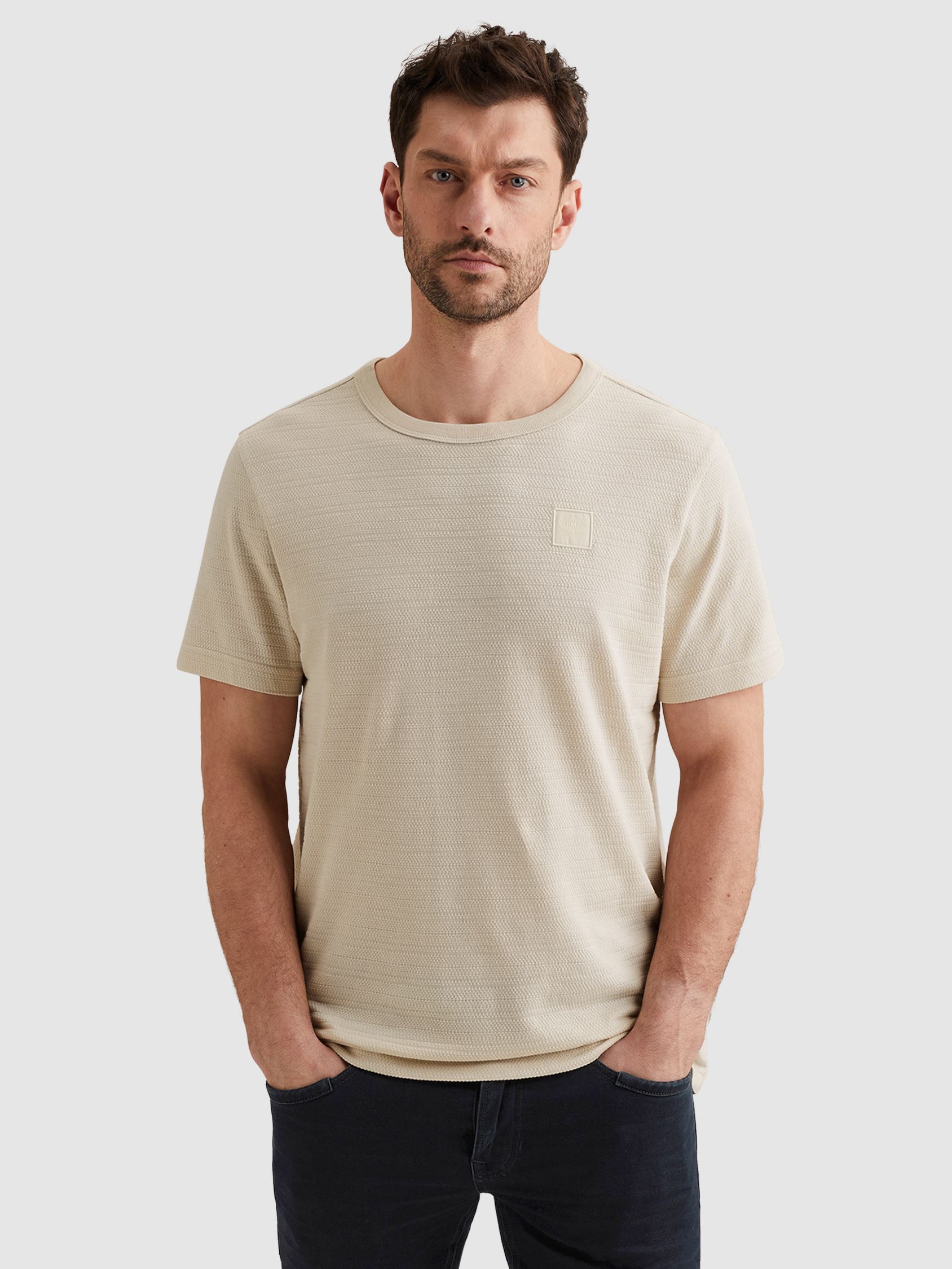 PME Legend T-Shirt Jacquard Stripe Ecru Model / Voorkant