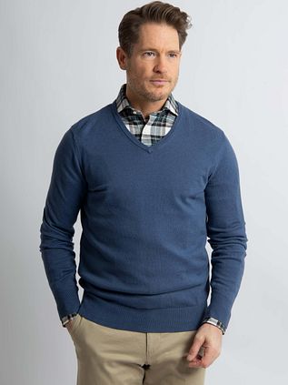 Steppin' Out Men's Cotton-Cashmere V-Neck Pullover Indigo Blue