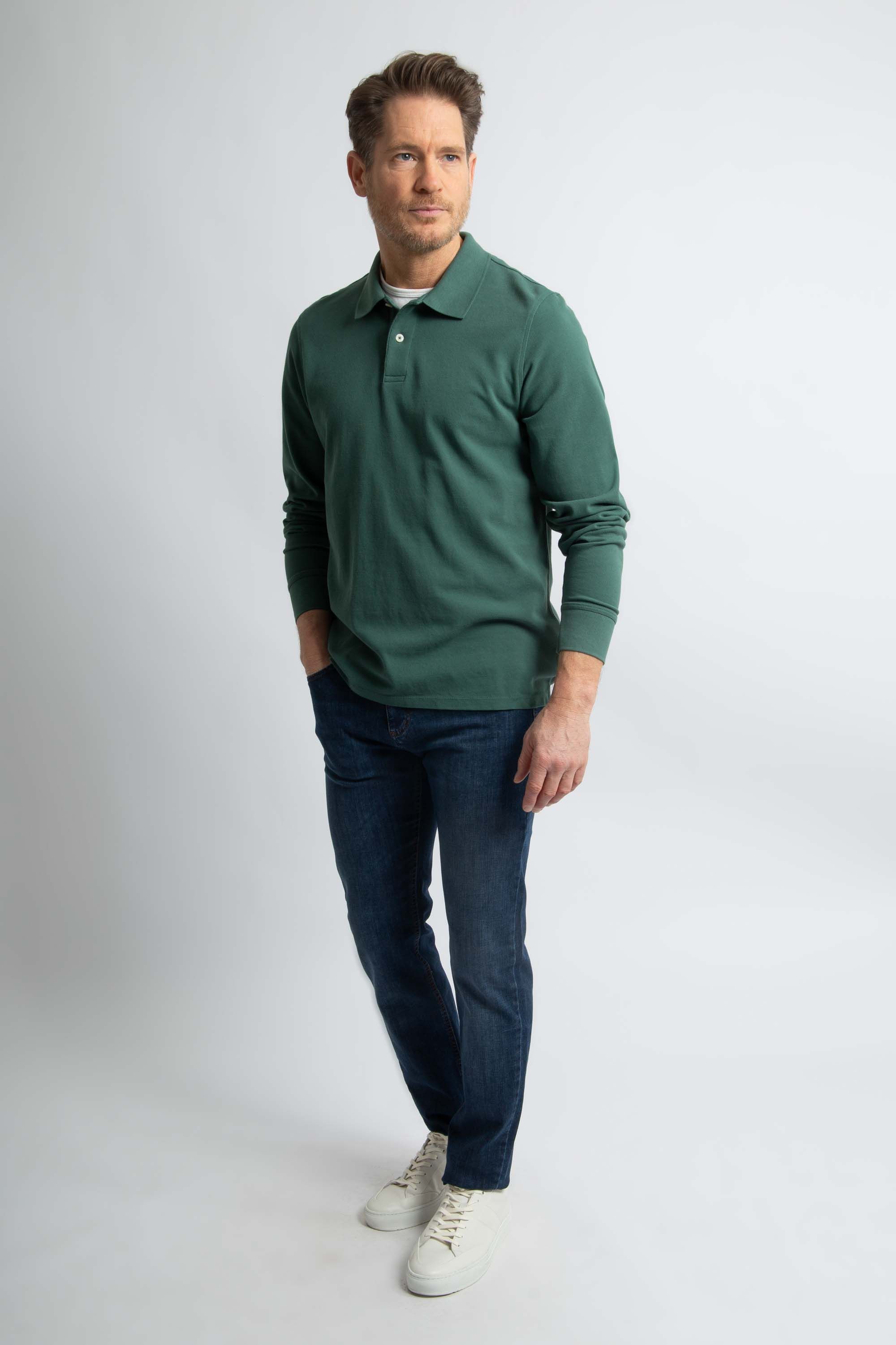 Steppin' Out Longsleeve Polo Piqu&eacute; Classic Dunkelgr&uuml;n Model / Voorkant
