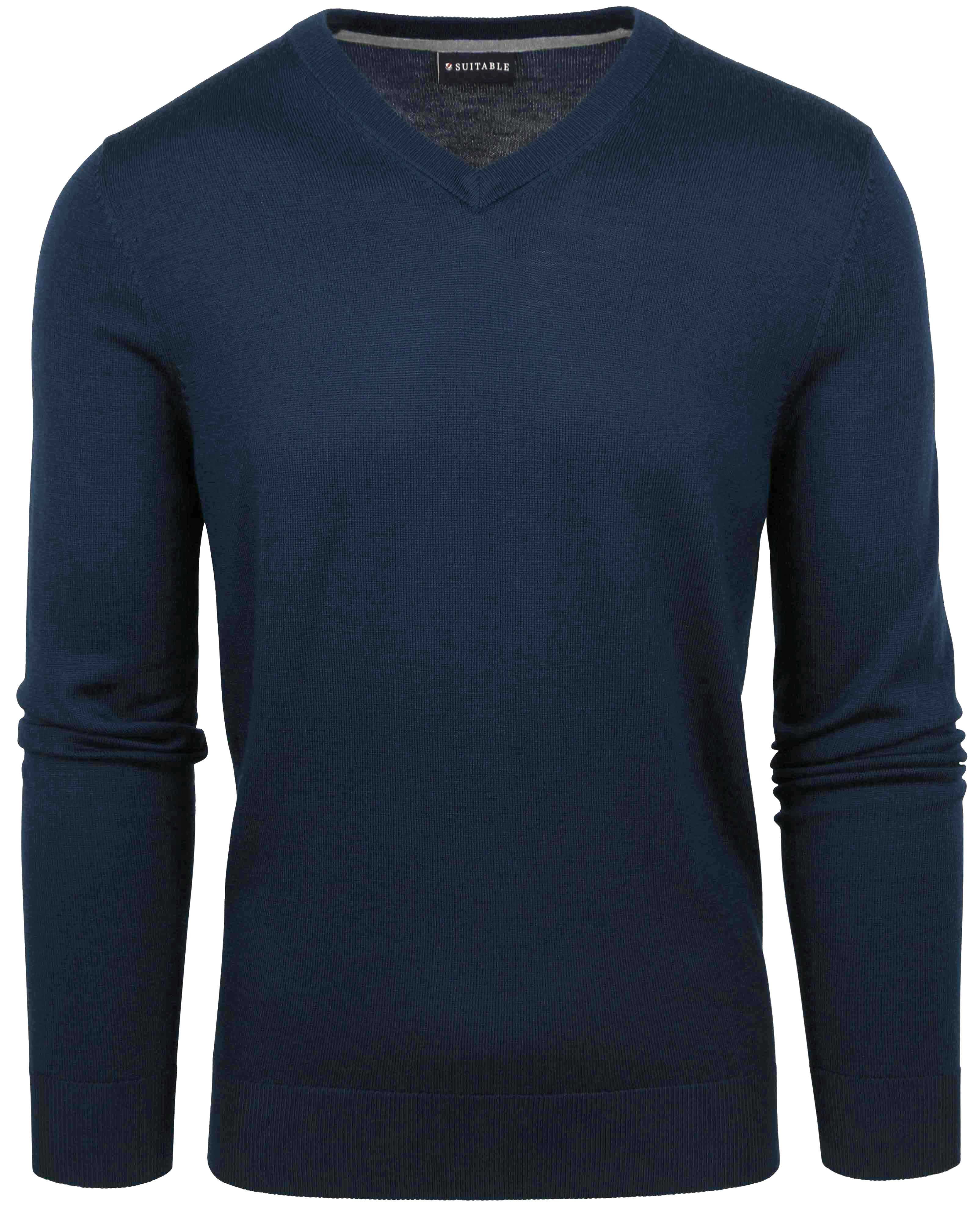 sweter z wełny merino z dekoltem V w kolorze granatowym