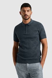 Cast Iron Knitted Half Zip Polo Shirt Structure Blue