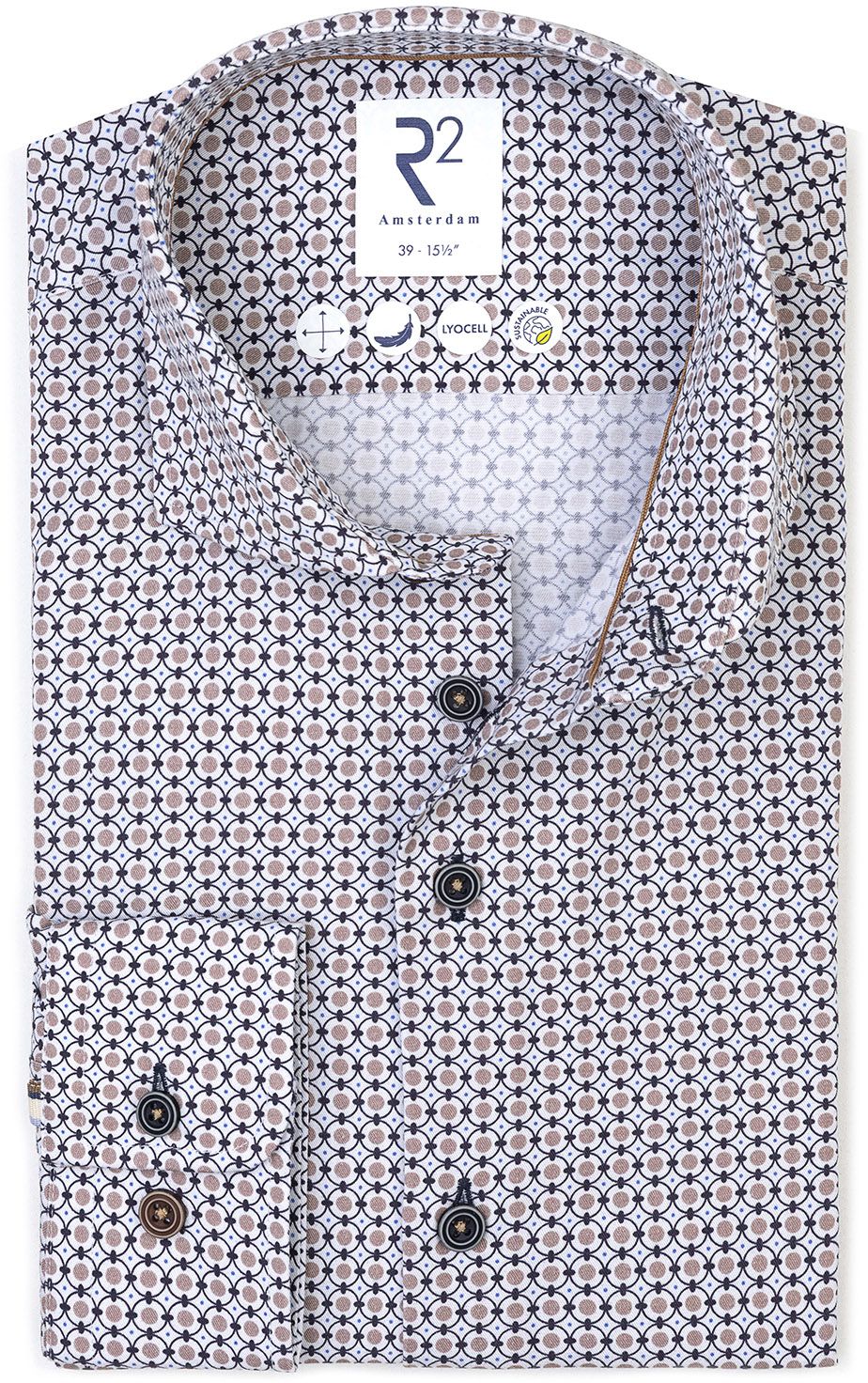 R2 Hemd Poplin Graphical Print Beige Blue 130.WSP.120-073 kopen | Suitable