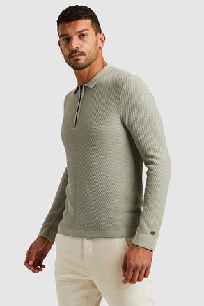Cast Iron Long Sleeve Half Zip Poloshirt Structuur Lichtgroen