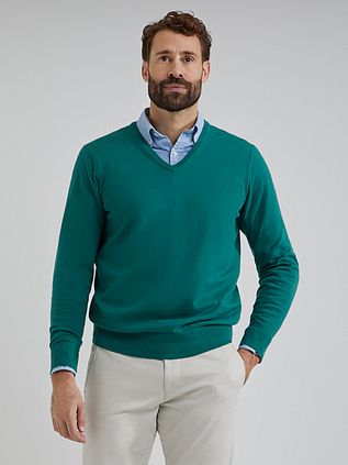 Steppin' Out Trøje i bomuld og cashmere med V-udskæring, Middelgrøn