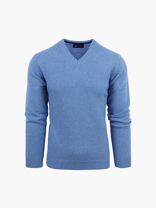 Sweter z jagnięcej wełny Suitable z dekoltem w serek, niebieski