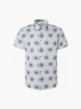 Camicia a maniche corte No Excess in lino blu con stampa