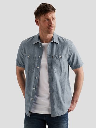 PME Legend Short Sleeve Shirt Coton Linnen Chambray Indigo