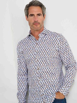 R2 Overhemd Jersey Retro Print Beige Blue