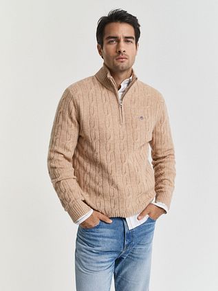 Gant Halvzip Lamsuld Trøje Cable Beige