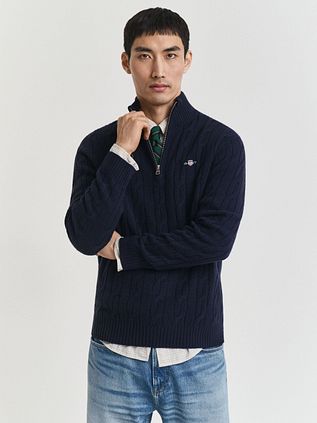 Gant Halvzip Lamsuld Trøje Cable Navy