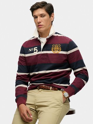 Superdry Rugby Polo Shirt Double Emblem Stripe Port Navy