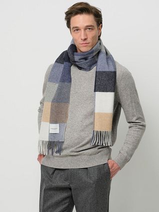 Profuomo Schal Wolle Karo Blau Grau Beige