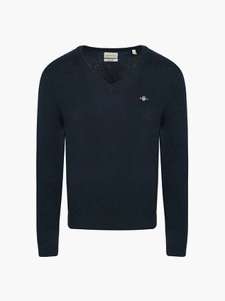 Sweter GANT z dekoltem V z mieszanki wełny, granatowy melange