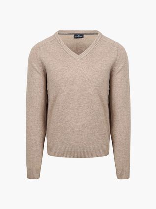 Sweter Steppin' Out z jagnięcej wełny, z dekoltem w serek, w kolorze beżowym