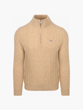 Gant Halvzip Lamsuld Trøje Cable Beige