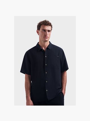 No Excess Short Sleeve Hemd Linen Blend Navy