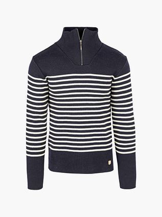 Armor-Lux Half Zip Pullover i uld med striber i marineblå