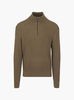 Tommy Hilfiger sweter z warkoczowym splotem z krótkim zamkiem, oliwkowy