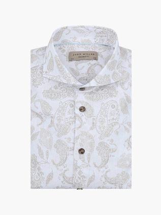 John Miller Skjorte i Hørblanding med Paisley Print Beige