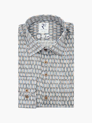 R2 Poplin Overhemd Poplin Retro Print Blauw