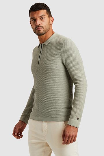 Cast Iron Long Sleeve Half Zip Poloshirt Structuur Lichtgroen Model / Zijkant