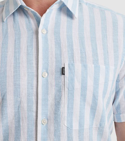 Vanguard Chemise Short Sleeve De Lin Rayures Bleu Clair Model / Detail
