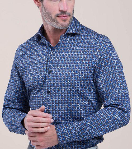 R2 Overhemd Print Donkerblauw Model / Voorkant