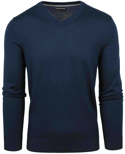 Suitable sweter z wełny merino z dekoltem V w kolorze granatowym Product