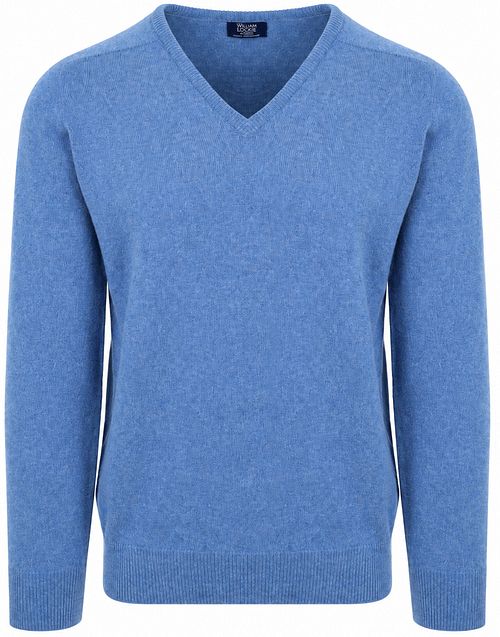 William Lockie V-Ausschnitt Pullover Lammwolle Jeans Blau