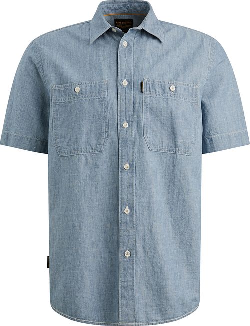 Camicia a maniche corte PME Legend in chambray indaco di cotone e lino Product