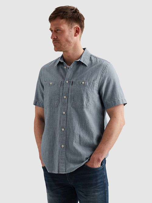 Koszula z krótkim rękawem PME Legend z bawełny i lnu chambray w kolorze indygo Model / Voorkant