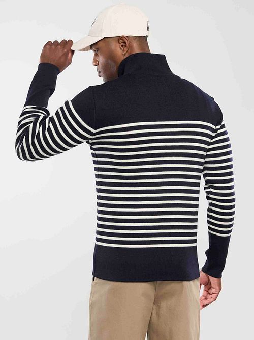 Armor-Lux Truck Driver Half Zip Sweater Wool Stripes Navy Model / Achterkant