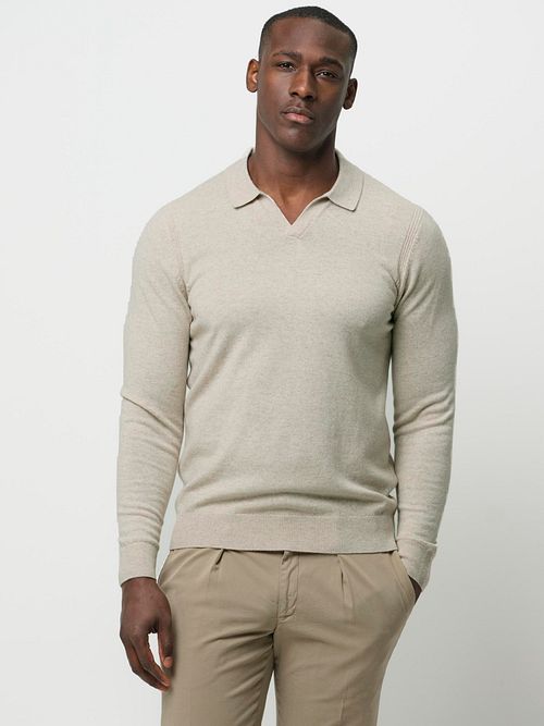 Profuomo Longsleeve Poloshirt Wool Blend Sand Model / Voorkant