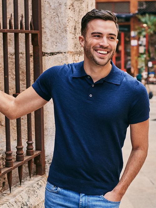 Suitable Knitted Polo Cotton Linen Navy Model / Sfeerbeeld