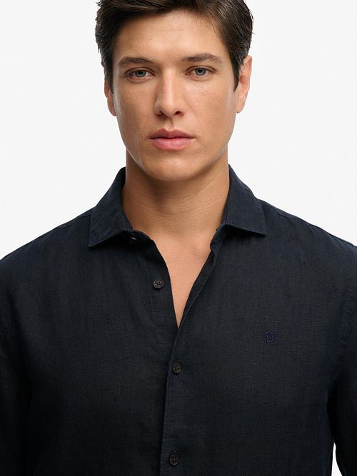 Superdry skjorte Riviera Linen Classic Eclipse Navy Model / Detail