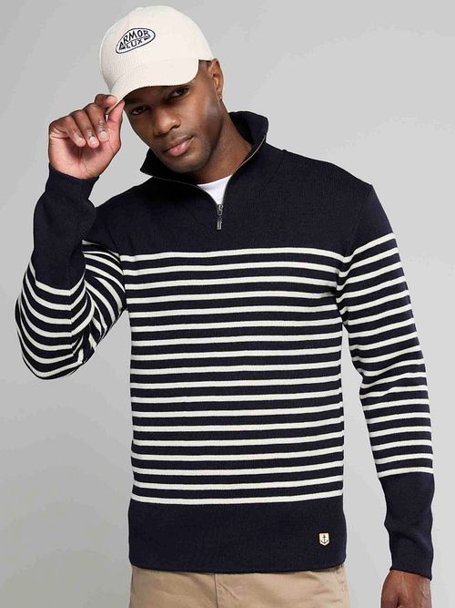 Armor-Lux Half Zip Pullover i uld med striber i marineblå Model / Voorkant