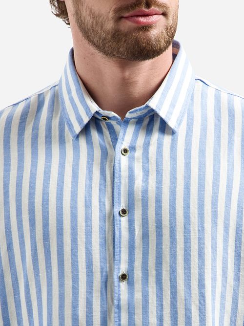 No Excess Overhemd Cotton Linen Stripes Blauw Model / Detail