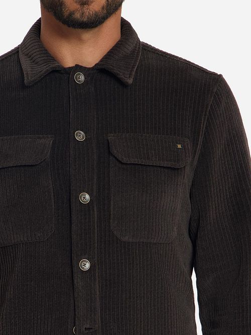 No Excess Overshirt Full Button Rib Sweat Brown Model / Detail