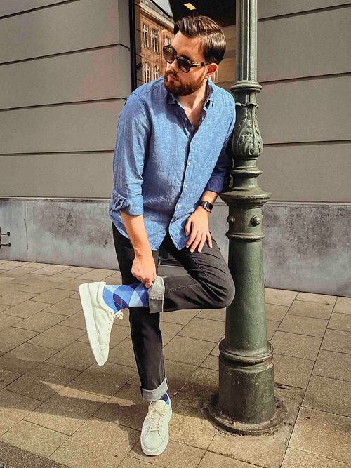 Burlington Manchester Socks Checkered Blue 6550 Model / Sfeerbeeld