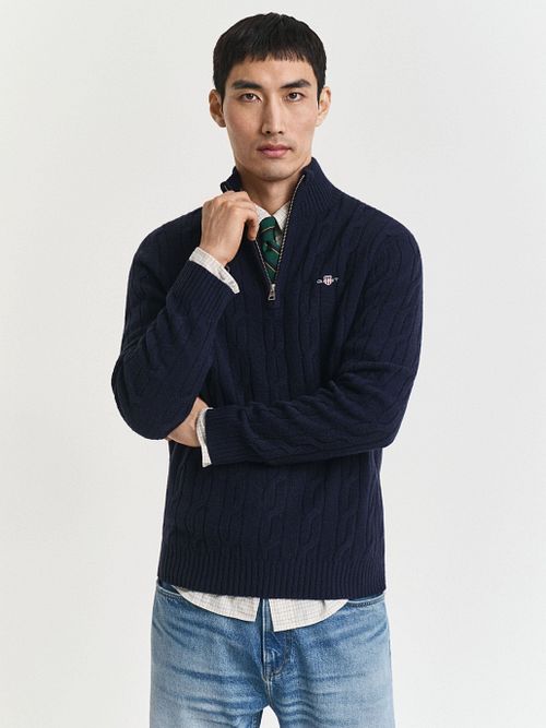 Gant Halfzip Lammwollpullover Cable Dunkelblau Model / Voorkant