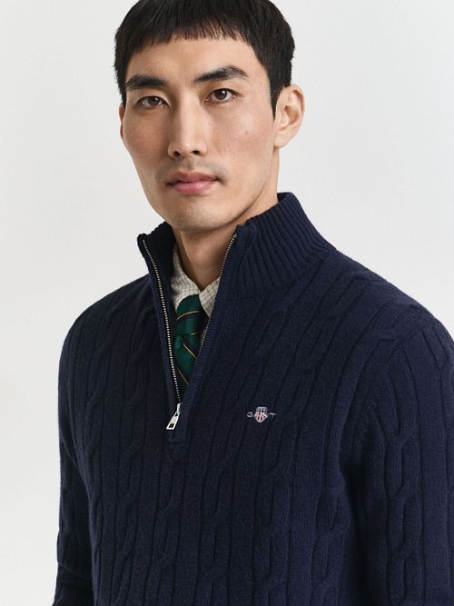 Gant Halfzip Lammwollpullover Cable Dunkelblau Model / Detail