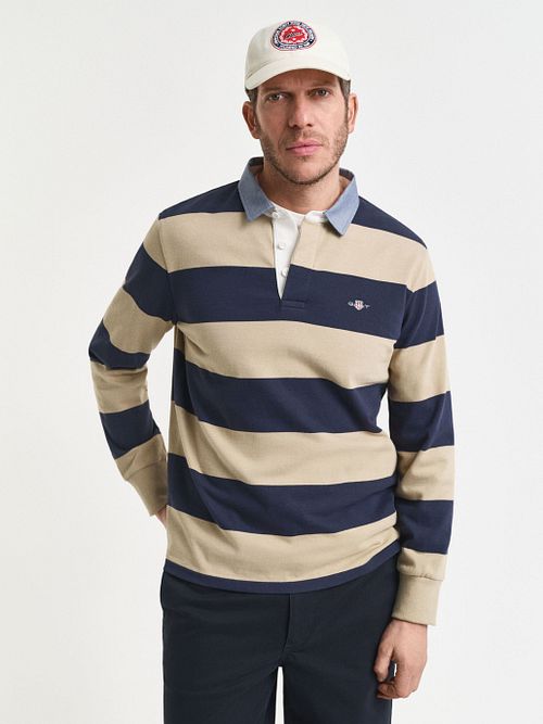 Gant Heavy Rugger Shield Longsleeve Polo Shirt Stripes Navy Beige Model / Voorkant