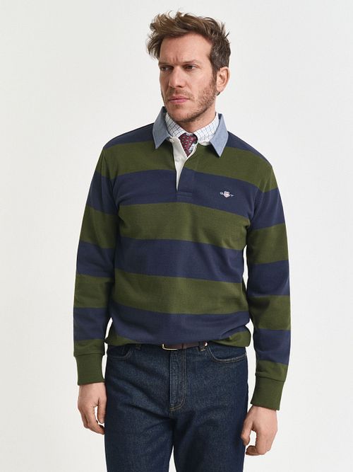Gant Heavy Rugger Shield Longsleeve Polo Shirt Stripes Navy Green Model / Voorkant