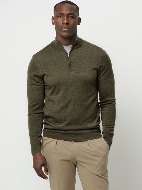 Profuomo Half Zip Pullover Merinowol Olijfgroen Model / Voorkant