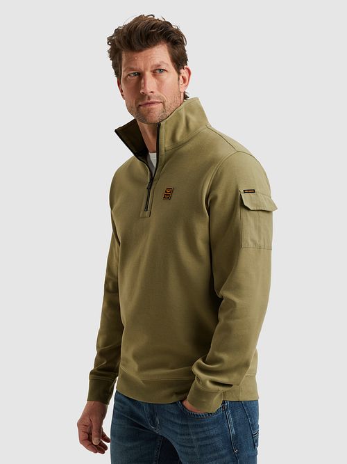 PME Legend Halvglidelås Genser Interlock Jersey Oliven Model / Voorkant