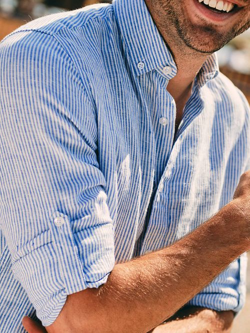 Steppin' Out Overhemd Linnen Streep Lichtblauw Model / Zijkant